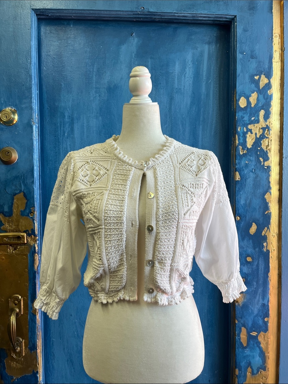 Zara Cream Textured Knit Cropped Cardigan with Puff Sleeves